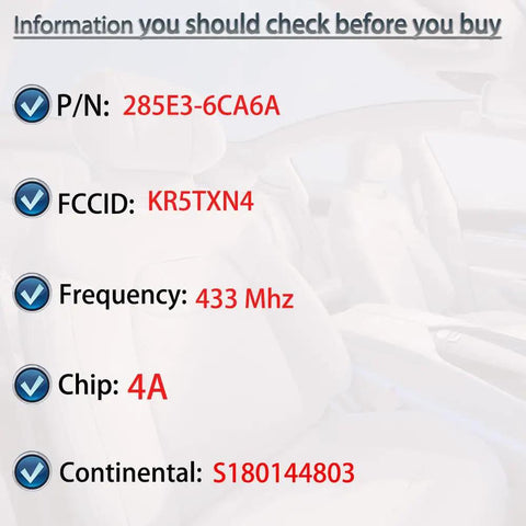Keyless Entry Remote Fob Replacement specifications: P/N 285E3-6CA6A, FCCID KR5TXN4, 433MHz, Chip 4A, Continental S180144803