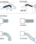 Installation diagram for 4 Inch Dryer Vent Hose 10 Foot Flexible Aluminum Duct with Two Clamps showing fit, extend, adjust, connect steps.
