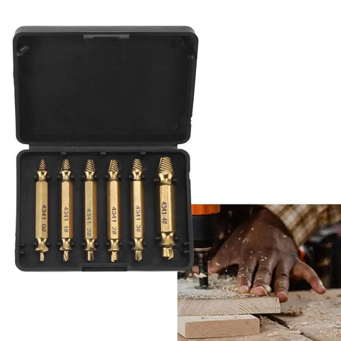 Get The Ultimate 6 Piece HSS 4341 Double Head Damaged Screw Extractor Kit For Stripped Bolts And Broken Fasteners In Sizes 2 To 12mm Made Tough With Titanium Coated Steel For Easy Removal Any Day. 6-piece kit in case, sizes 2-12mm, with drill use on wood.