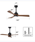 42" Solid Wood Blades Ceiling Fan with Lights showing dimensions and downrod size, matte black with wood blades.