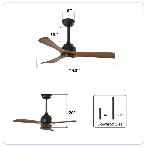 42" Solid Wood Blades Ceiling Fan with Lights showing dimensions and downrod size, matte black with wood blades.