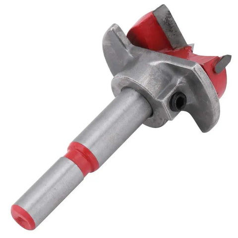 Heavy Duty 35MM Carbide Tipped Forstner Bit And Hinge Cutter Set Pro Shop Favorite For Real World Woodworking Drilling showing red and silver bit.
