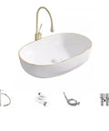 USZWBY Vessel Sinks Light Luxury Small Size Countertop Basin Household Wash Single Ceramic Gold Edge Art Bathroom Bowl Sink with faucet.
