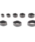 8 Piece Leather Punch Die Set With Hollow Cutters for leather, clay, and jewelry projects, shown in various sizes and shapes, steel construction.
