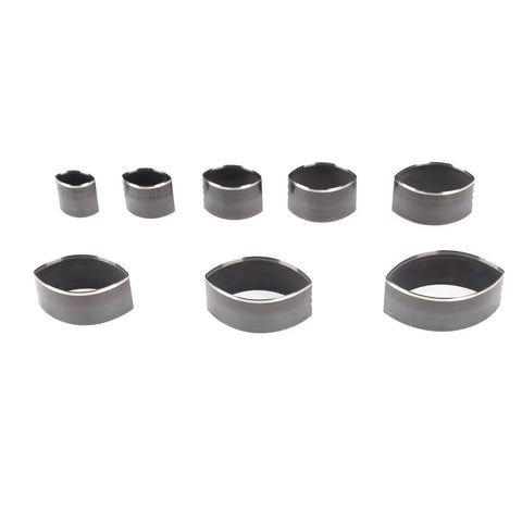 8 Piece Leather Punch Die Set With Hollow Cutters for leather, clay, and jewelry projects, shown in various sizes and shapes, steel construction.