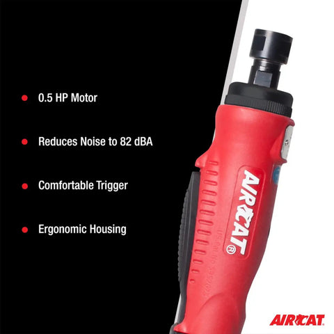 Badass Pneumatic Straight Die Grinder Half Hp Air Motor 22000 Rpm Speed Demon Feather Trigger Muffled Exhaust lightweight composite body close-up.