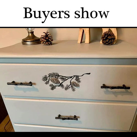 8 Pack Black Twig Branch Cabinet Knobs and Rustic Drawer Pulls Set installed on dresser