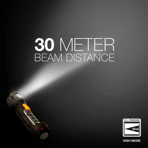 Hardcase Pivot Plus Swivel Head Flashlight With 300 Lumens, 175-Degree Adjustable Beam, light beam reaching 30 meters.