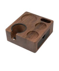 Premium Walnut Espresso Tamper Station With Integrated Powder Scaler And Crumb Bin Universal Portafilter Rest shown from above.