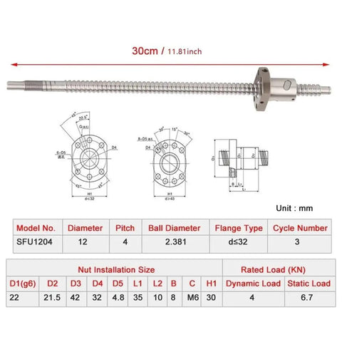 Smooth 12Mm Diameter SFU1204 Anti Backlash Ballscrew With Ballnut Assembly Measures 300mm Long technical drawing showing dimensions and specifications.
