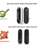 Two Arlo video doorbells showing compatibility with Angled 4 Inch Siding Mount Kit for Arlo Wired Video Doorbell Cedar Siding.
