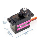 MG90S 9G Micro Servo Motor with dimensions in mm and inches, metal gear, high torque, low noise, double ball bearing.