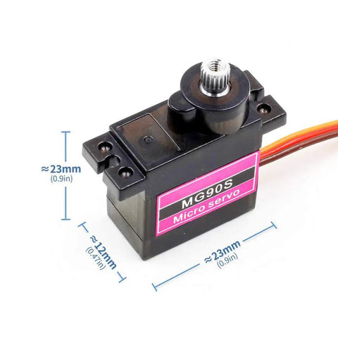MG90S 9G Micro Servo Motor with dimensions in mm and inches, metal gear, high torque, low noise, double ball bearing.