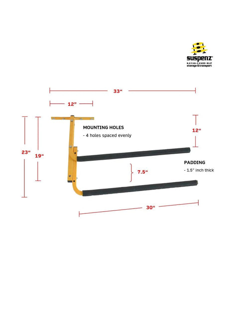 Yellow Kayak Ceiling Rack And Under Deck Garage Hanger For Two Kayaks And SUPs Adjustable Arm Storage Solution To Free Up Floor Space Easy Mount High Weight Capacity Keeps Water Gear Ready To Grab side view with dimensions.