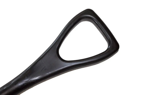 Handle of Poly Snow Scoop Shovel For Quick Winter Cleanup, heavy duty lightweight plastic, 42 inch for walkways, decks, black, made in USA.