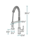 Diagram of Chrome Finish One Handle Pull Down Sprayer Kitchen Faucet with 360 Degree Swivel Spout, dimensions labeled.