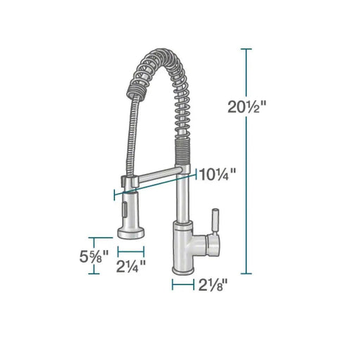 Diagram of Chrome Finish One Handle Pull Down Sprayer Kitchen Faucet with 360 Degree Swivel Spout, dimensions labeled.