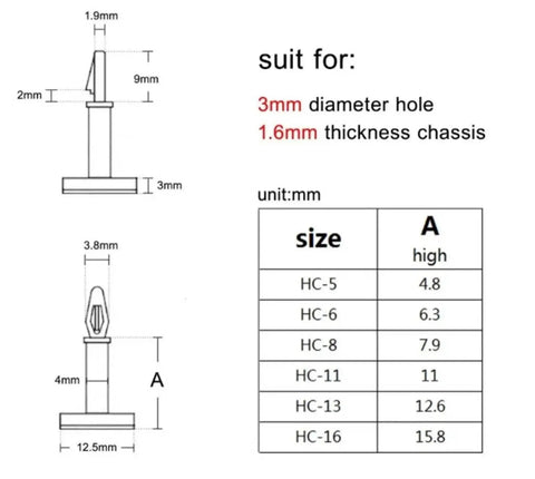 High Tack Adhesive PCB Standoffs With Snap Lock Posts For Circuit Boards Killer Grip Stick On Spacers For Screw Mounting size dimensions chart