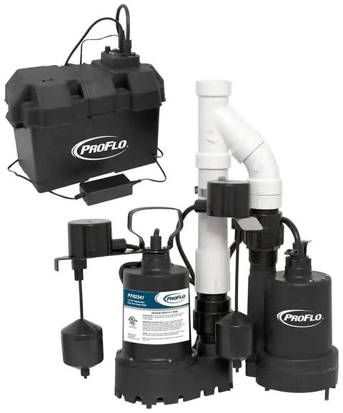 Heavy Duty Cast Iron Combination Sump Pump System Featuring Rock Solid Knockout Primary Backup Motor Capability For Heavy Hitter Basement Flood Defense And Zero Drama Water Removal, showing pumps and backup motor.