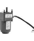 AC gear motor front view with 1:25 gear head, 15W, 110V single-phase motor with wiring harness and connector