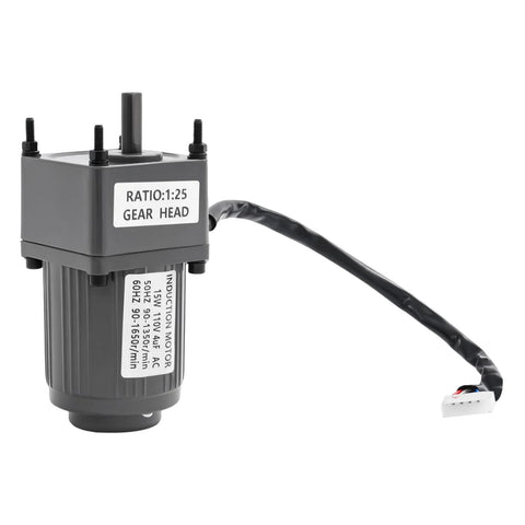 AC gear motor front view with 1:25 gear head, 15W, 110V single-phase motor with wiring harness and connector