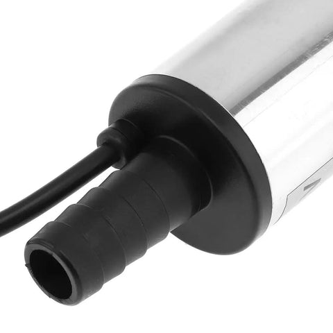 Close-up of Heavy Duty 12V Submersible Electric Pump nozzle, showcasing compact aluminum build and robust connector for diesel fuel transfer.