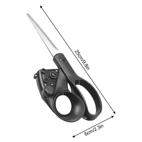Laser-guided fabric scissors with black ergonomic handles and stainless steel blades, 25 cm long.