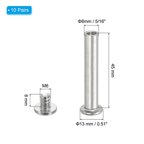 Hex Chicago Screws Set 10 Pack Binding Posts M6 X 45mm with hex drive and dimensions visible for scrapbooks and DIY repair.