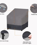 Waterproof Outdoor Chair Cover Heavy Duty Patio Chair Cover Windproof With Air Vent 2 Pack 33.5 W X 31.5 D X 36 H Inches Gray Dark Gray All Weather Rugged Outdoor Furniture Protective Cover with features highlighted.