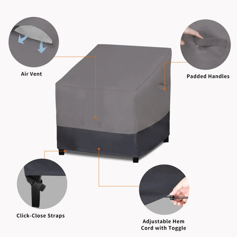 Waterproof Outdoor Chair Cover Heavy Duty Patio Chair Cover Windproof With Air Vent 2 Pack 33.5 W X 31.5 D X 36 H Inches Gray Dark Gray All Weather Rugged Outdoor Furniture Protective Cover with features highlighted.