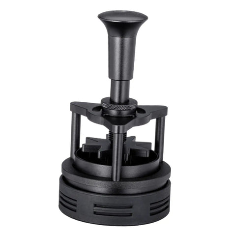Killer Rotatable Espresso Coffee Distributor Stirrer Featuring Adjustable Height And Durable Aluminum Alloy Build, black coffee distributor close-up.