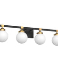 Four Light Mid Century Modern Bathroom Vanity Light Fixtures Over Mirror In Black And Gold With Milk White Glass Globes Wall Mount