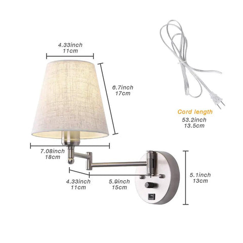 Dimensions of Bedside Wall Mount Light With Dimmable Switch And USB Port Swing Arm Fabric Shade Wall Sconce With Plug In Cord