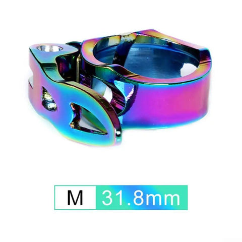 Aluminum Alloy Quick Release Seat Post Clamp 31.8mm for Mountain and Road Bikes, colorful finish, front view.