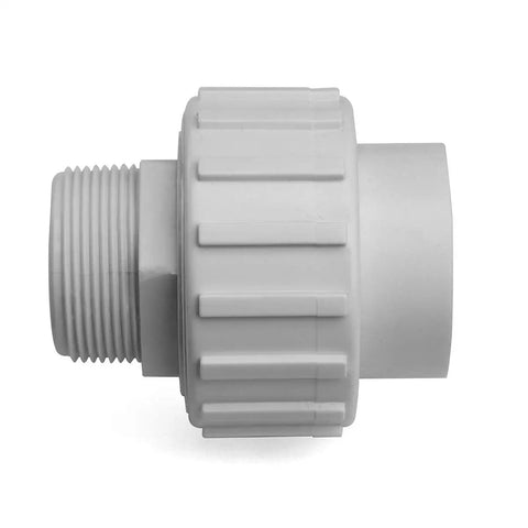 Side view of Two Piece Universal One And A Half Inch PVC Slip Union Socket Joint Adapter Fitting Quick Connector Replacement For Pool Or Spa Pump Male To Slip End Plug And Play Install