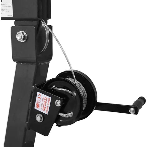 Built Tough Heavy Duty Folding Engine Hoist And Pickup Bed Tailgate Crane With Slick Hydraulic Winch close-up of winch and cable.