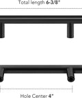 Diagram showing dimensions of 10 Pack Matte Black Cabinet Handles 4 Inch Center To Center, 6-3/8 Inch Overall Length, 1/2 Inch Diameter, 1-1/4 Inch Projection.