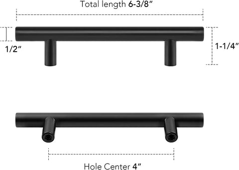 Diagram showing dimensions of 10 Pack Matte Black Cabinet Handles 4 Inch Center To Center, 6-3/8 Inch Overall Length, 1/2 Inch Diameter, 1-1/4 Inch Projection.