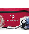 Front view of Philips HeartStart AED Fast Response Kit in red pouch with mask, scissors, and gloves.