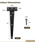 Set Of Six Heavy Duty T Strap Hinges For Barns And Fences Rock Solid Zinc Plated Iron Gate Hardware With Mounting Screws dimensions displayed.