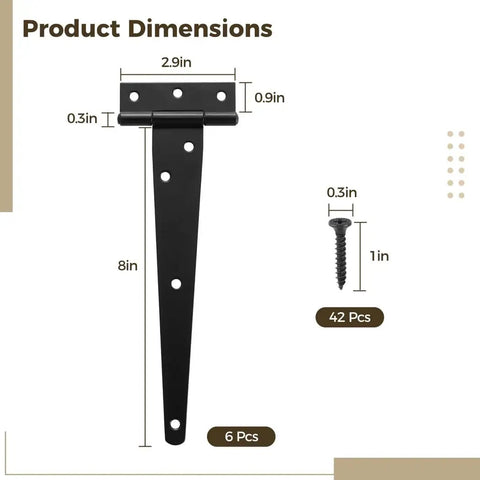 Set Of Six Heavy Duty T Strap Hinges For Barns And Fences Rock Solid Zinc Plated Iron Gate Hardware With Mounting Screws dimensions displayed.