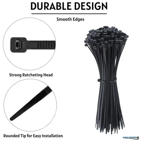 Heavy Duty 14 Inch Black Zip Ties 1000 Pack Self Locking UV Resistant Nylon Cable Ties 50 Lbs Tensile Strength Design Details