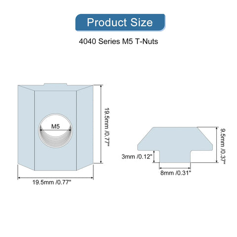 Image showing dimensions of 20 Pack M5 Hammer Head T Nuts Nickel Plated Carbon Steel for 4040 Aluminum Extrusion, 19.5x19.5x9.5mm size.