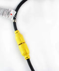 Beefy Locking Generator Power Cord NEMA L6-30P To L6-30R rubber connector detail, yellow locking mechanism, indoor outdoor use.