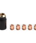 Six Piece Plasma Torch Consumable Shield Cups And Brass Nozzles For Sl60 Sl100 Cutmaster A Series hand drag tips with black and brass design.