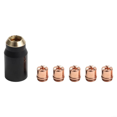 Six Piece Plasma Torch Consumable Shield Cups And Brass Nozzles For Sl60 Sl100 Cutmaster A Series hand drag tips with black and brass design.