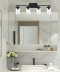 4 Light Vanity Fixtures Over Mirror in Matte Black With Clear Cylinder Glass Industrial Farmhouse Wall Sconces for Bathroom