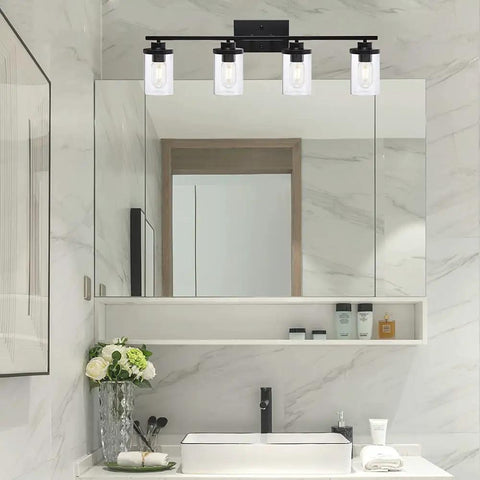 4 Light Vanity Fixtures Over Mirror in Matte Black With Clear Cylinder Glass Industrial Farmhouse Wall Sconces for Bathroom