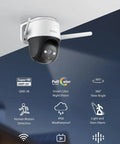 Outdoor Security Camera With Floodlight And Two Way Talk, mounted on ceiling, showcasing 4MP QHD, 360 degree Pan Tilt, and night vision features