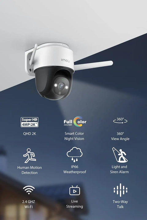 Outdoor Security Camera With Floodlight And Two Way Talk, mounted on ceiling, showcasing 4MP QHD, 360 degree Pan Tilt, and night vision features